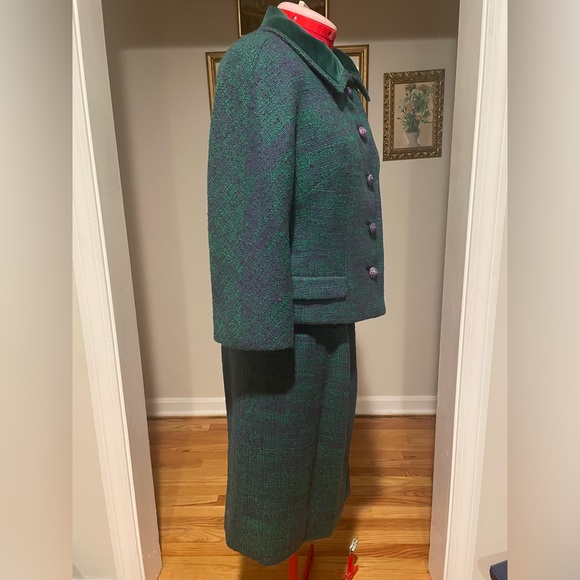 1960s 3 Piece Skirt Suit Matching Green & Purple Boucle Set Top Skirt & Jacket - Picture 8 of 16